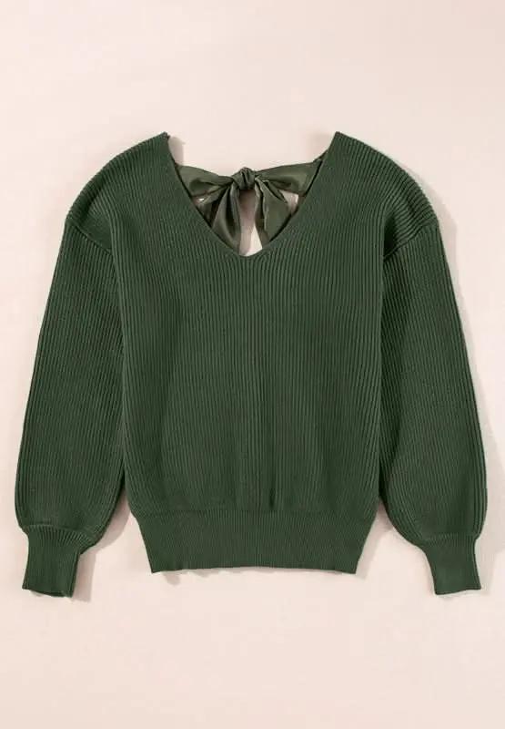 Tied Back V-Neck Long Sleeve Sweater - Love Salve